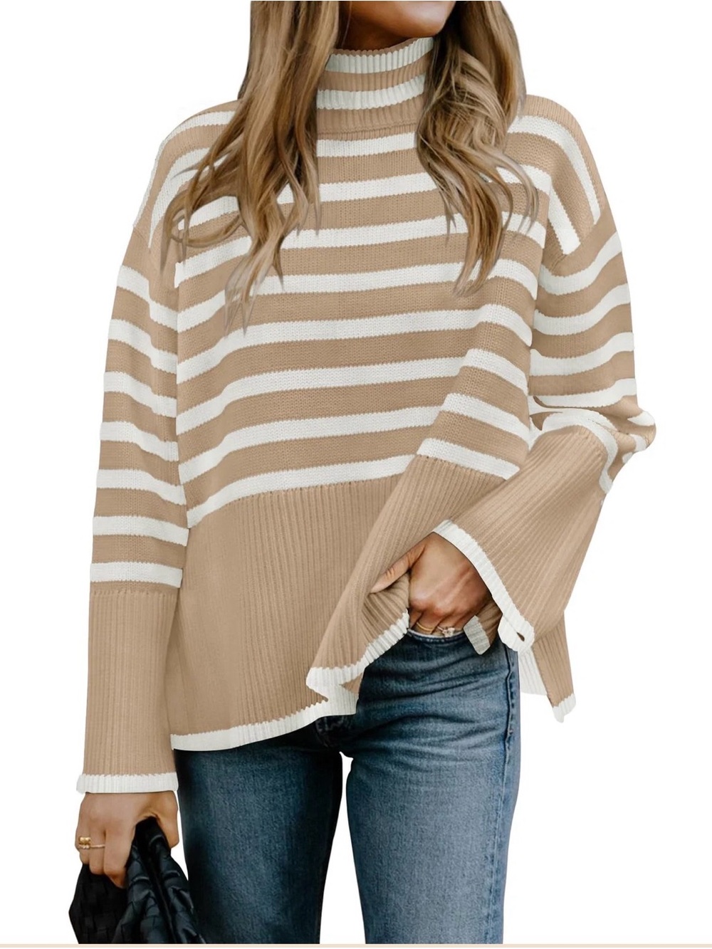 Striped Cowl-Neck Sweater in Beige & White